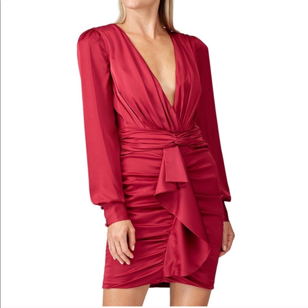 PatBO red long sleeve satin ruched dress